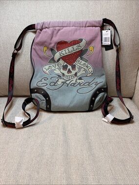 Ed Hardy Pink-to-blue Ombre Skull Drawstring Backpack